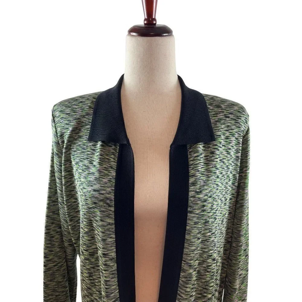 Exclusively Misook Collared Open Knit Cardigan Medium Spacedye Green Career